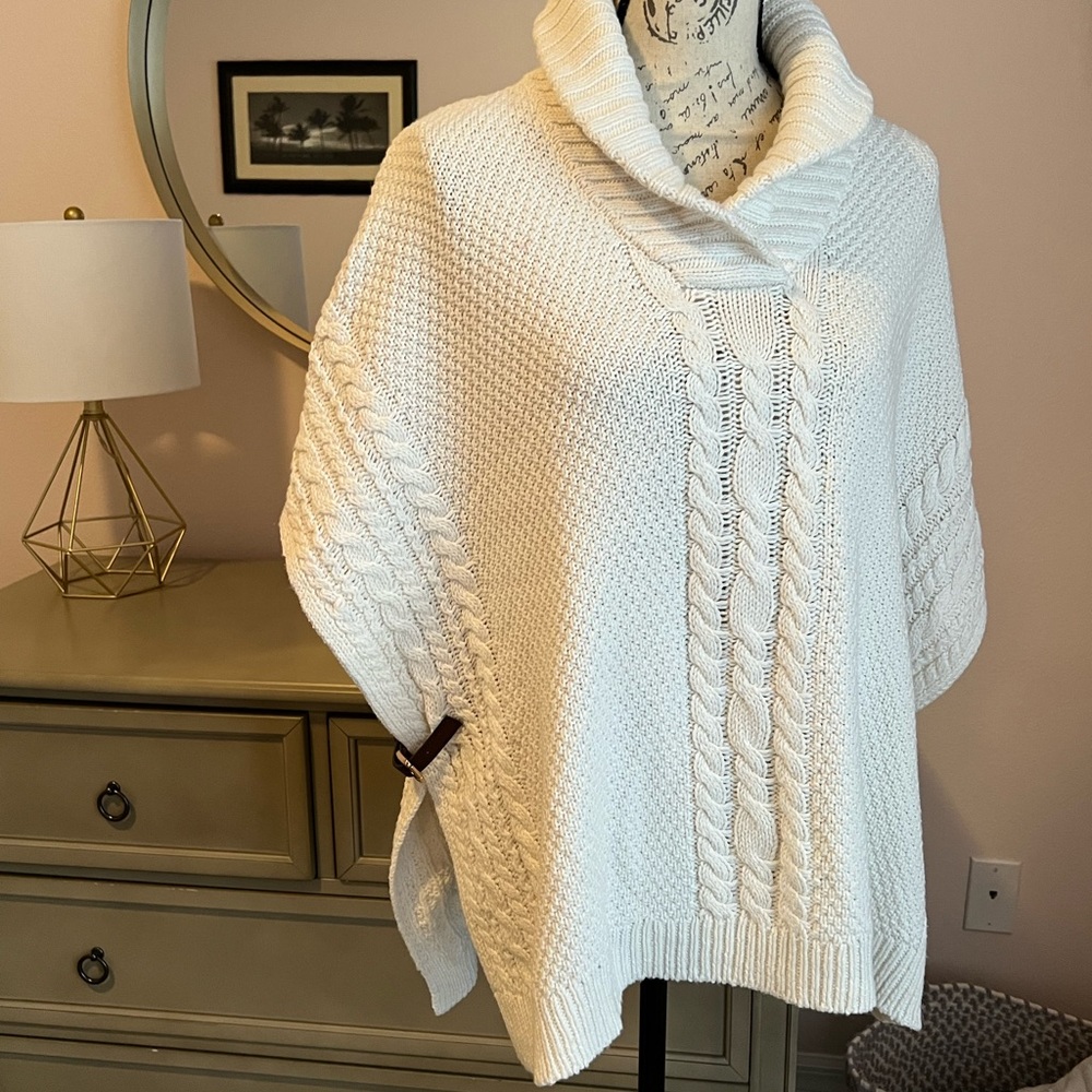 Talbots winter white poncho style sweater, like new, brown buckle trim, - Picture 1 of 8